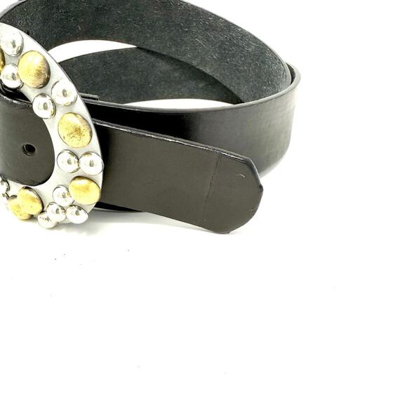Synthetic Black Leather Belt w/ Gold & Silver Toned Dots Embellished Buckle EUC - Picture 2 of 4